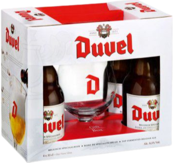 Duvel bierpakket met vier flesjes en glas